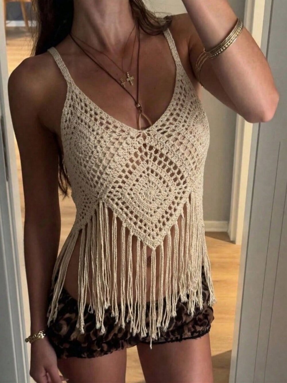 Apricot Casual Knit Women's Hollow crochet Fringe top
